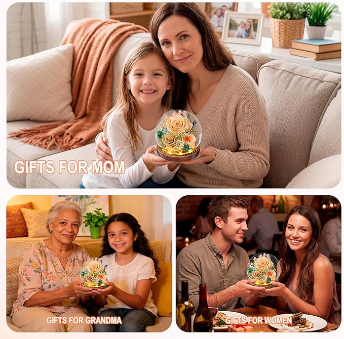 FIACO Gifts for Mom Birthday Gifts for Women Preserved Flowers in Glass Dome Forever Flowers for Delivery Prime Eternal Roses for Grandma Sister Daughter Wife Her Girlfriend, Yellow