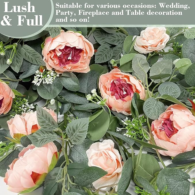 2 Pack 13Ft Artificial Eucalyptus Floral Garland with 16 Flowers Vintage Peony Rose, Pink Fake Flower Greenery Spring Garland Floral Vines for Mantle Wedding Arch Home Table Runner Backdrop Decor