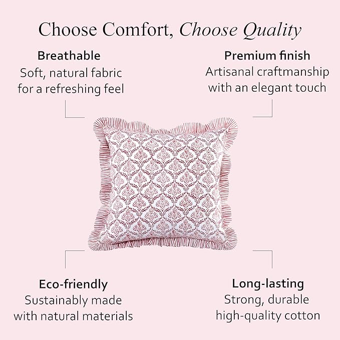 CPC Blush Rose Hand Block Print 100% Cotton Ruffle Throw Pillow Cover 20x20 inch with Hidden Zipper Decorative for Couch, Bed, Sofa, Farmhouse, Cottagecore Decor Gift Christmas Fall Thanksgiving
