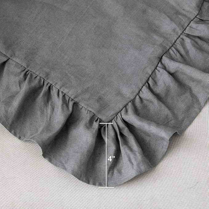 MEADOW PARK Stone Washed French Linen European Pillow Shams, Set of 2 Pieces, 26 inches x 26 inches Square Euro Sham, Super Soft, Ruffles Style, Charcoal Color