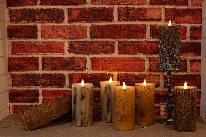 Brown Bark Flameless Pillar Candles Flickering with Remote Timer, Battery Operated LED 3D Moving Flame Real Wax Candles, Set of 2, D3 x H6,Remote Included (Cinnamon)