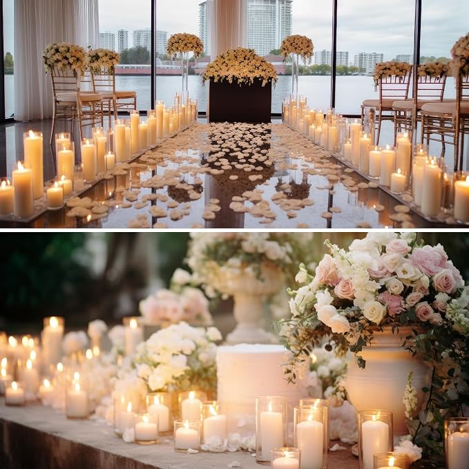 Shihanee Set of 24 Pillar Candles and Glass Cylinder Vases Assorted Sizes Cylinder Holders for Pillar Candles Home Table Centerpieces Wedding Party Decorations (White)