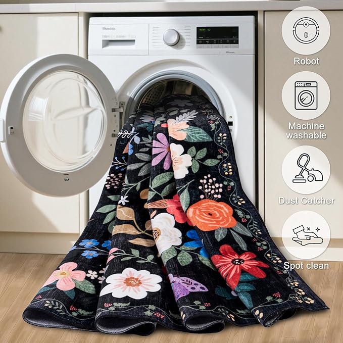 Runner Rug for Entryway: 2x5 Kitchen Rugs Non Slip Washable Ultra-Thin Soft Floral Carpet Indoor Floor Stain Resistant Carpets for Hallway Bedroom Kitchen Laundry Bathroom Dorm Black