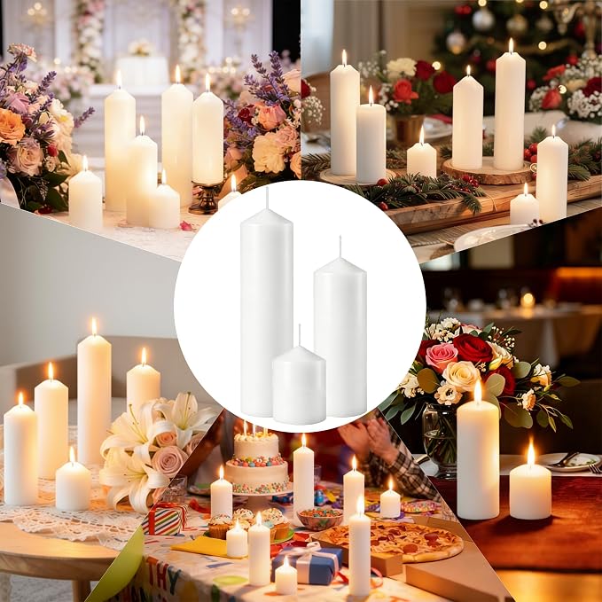 Pillar Candles Bulk Set - Unscented, Smokeless, Dripless | 3 Sizes: 2x3, 2x6, 2x8 Inches | Ideal for Weddings, Christmas & Home Decor (36, White)