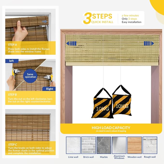 No Drill No Tools Bamboo Roman Shades, Cordless Light Filtering Window Blinds with Valance, Natural Woven Wood Shades for Living Room Dining Room,Stripped Raw Bamboo(Sheer-View), 34.5"W x 48"H