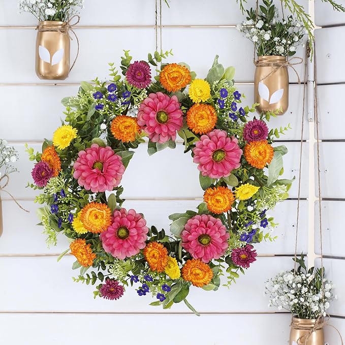 YNYLCHMX 18 inch Spring/Summer Front Door Ring Wreath, Simulated Colorful Daisy Petals, Suitable for Wall Window Farm Parties, Festivals, Home Decoration