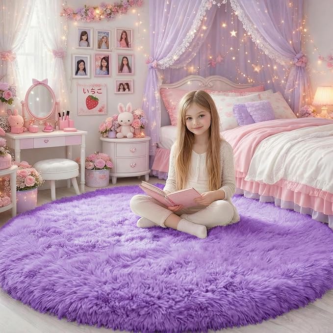Amdrebio Purple Round Rugs 5Ft for Girls Bedroom Decor Aesthetic, Fluffy Fuzzy Circle Area Rug for Kids Playroom, Cute Furry Shaggy Circular Princess Carpet for Living Room, Baby Nursery, Preppy Dorm