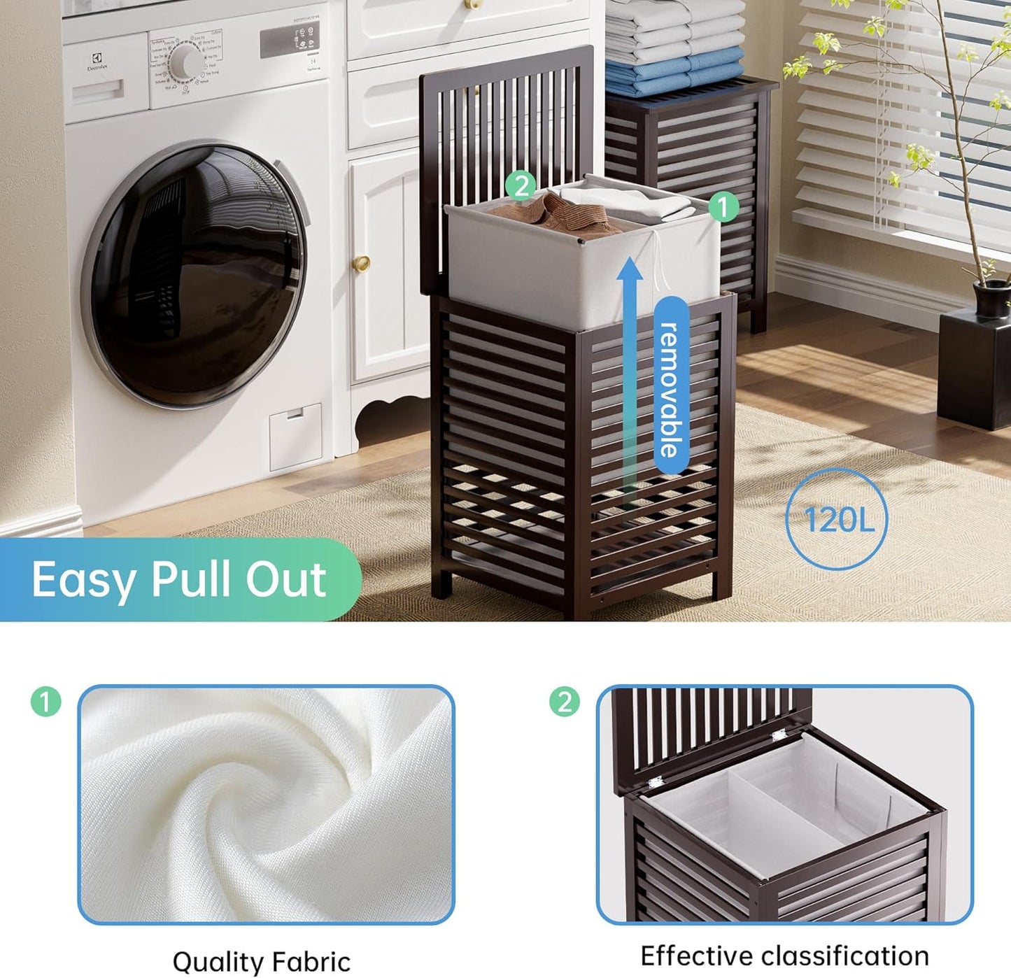 SMIBUY Double Laundry Hamper with Lid, 120L Bamboo Laundry Basket with Removable Liner Bag, 2-Section Clothes Divider Laundry Sorter for Laundry Room, Bathroom, Bedroom (Dark Brown)