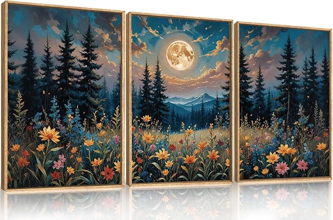 BICERE Large Nature Moon Wildflowers Framed Canvas Wall Art,Vintage Forest Flowers Wall Decor,Dark Mountain Night Painting,Wilderness Artwork for Living Room,Bedroom,Dining Room,Office -16"x24"x3
