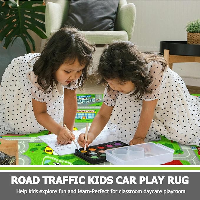 Capslpad Green Car Road Kid Rug Carpet Playmat for Playoom Traffic Road Kids Play Mat for Toddler Non Slip Washable City Map Race Track Carpet Rug for Kids Room Bedroom Nursery Room Decor,6.6'x5'