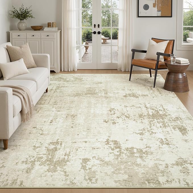 Rugflix 5x7 Area Rugs for Living Room, Washable Large Rug Stain-Resistant Low Pile, Modern Neutral Carpet for Dining Room Home Office Kid Room Nursery Bedroom, Beige