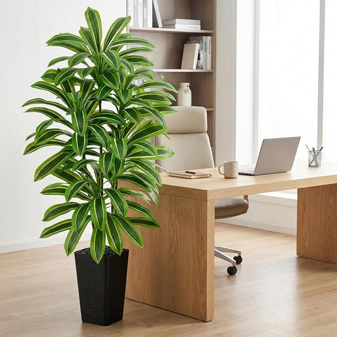 Artificial Dracaena Tree:6FT Faux Silk Tropical Yucca Floor Trees Realistic Fake Green Plant with Natural Wood Trunk & Lifelike Leaves for Home Office Decor Indoor & Outdoor (6FT,1-Pack,Black)