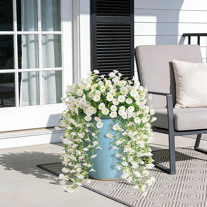 Fake Artificial Hanging Morning Glory Flowers for Outdoor Planters Porch Pation Decoration,2 Bundles UV Resistant Silk Faux Flowers with Realistic Eucalyptus Plants for Home Office Garden Decor(White)