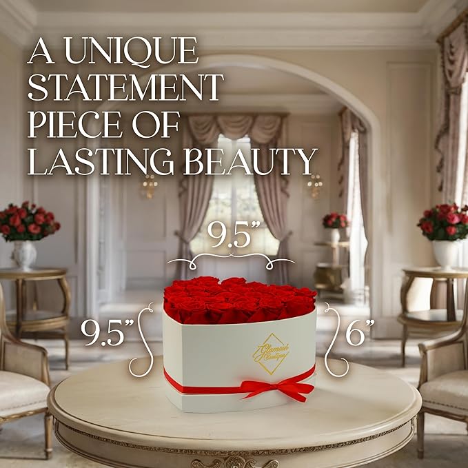 GLAMOUR BOUTIQUE Preserved Roses in a Box - Gifts for Her, Wife & Mom, Rose Flowers Forever Decor for Birthday Gift, Get Well Flower Bouquet Cased in White Box with Cover - Red - 27 (Color-Treated)