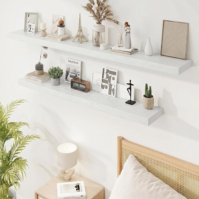 Marsmiles 55in Floating Shelves for Wall, 55" W x 9.25" D x 1.5" H, Long Wall Mounted Engineered Wood Shelves with Invisible Brackets for Living Room, Bedroom, Bathroom, Kitchen, White, 2Pcs