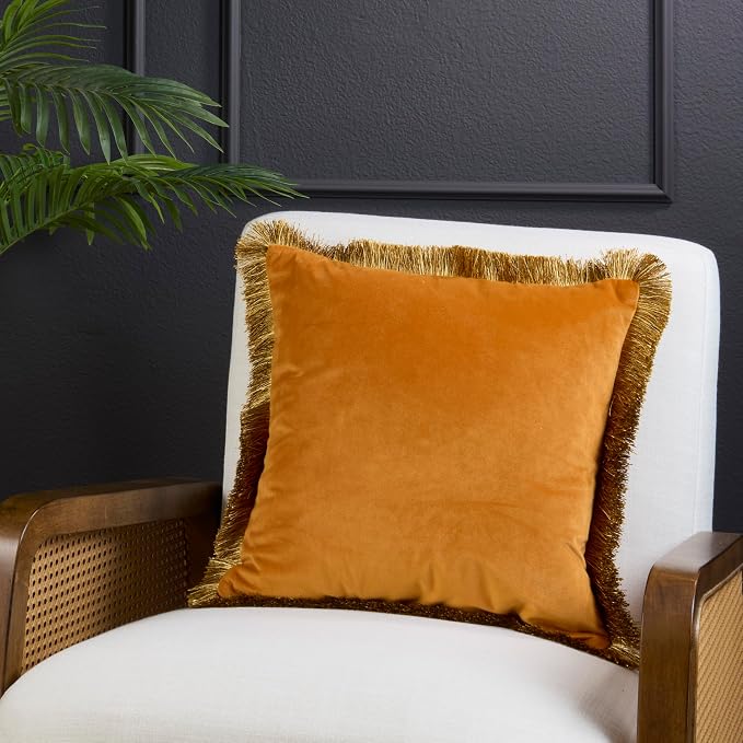 SARO LIFESTYLE Velvet Throw Pillow - Luxe Fringe Throw Pillow with Down Filled Comfort for Glam Traditional Decor, Elegant Living Spaces and Sophisticated Home Styling, 18"x18", Rust