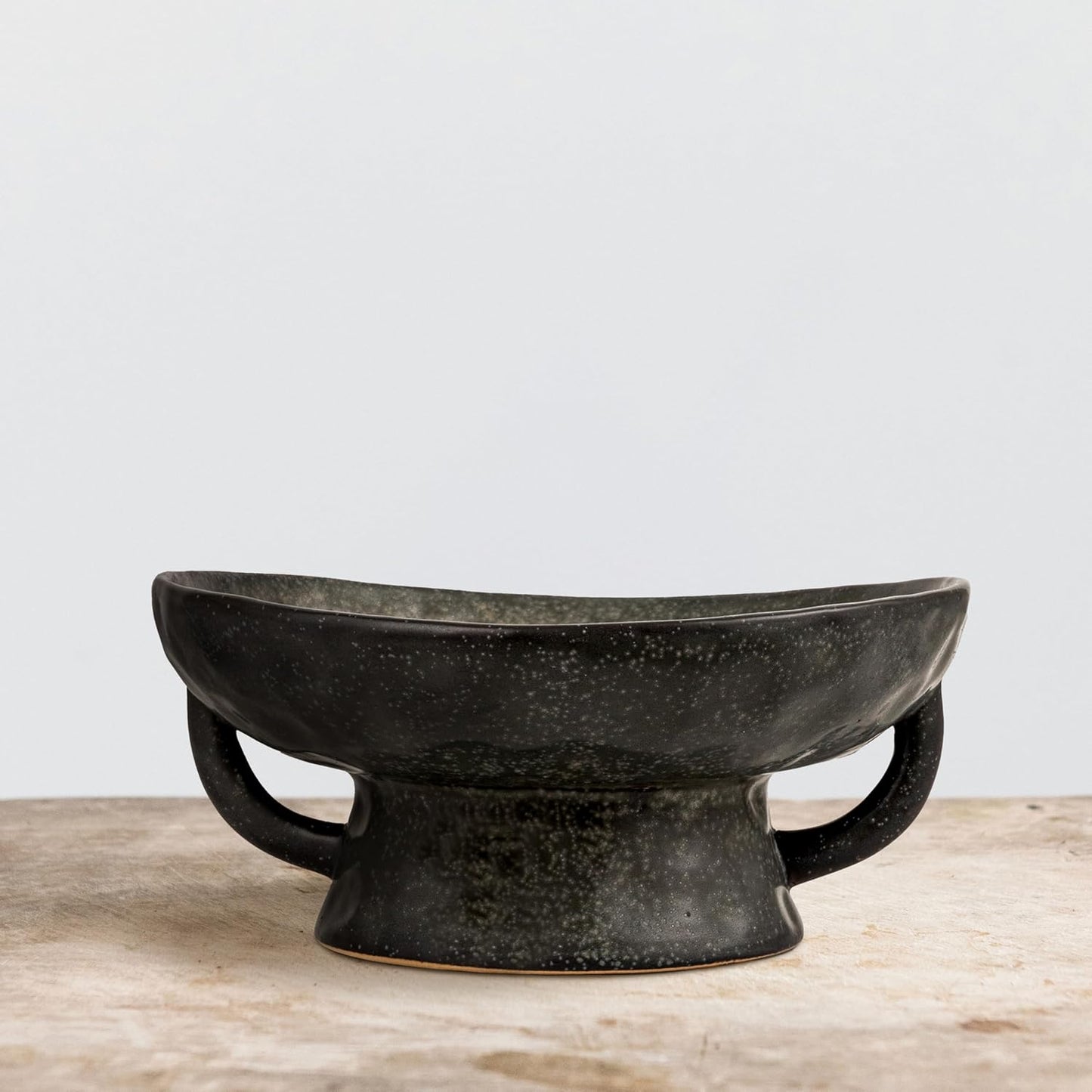 Creative Co-Op Stoneware Footed Pedestal/Bowl with Handles, Reactive Glaze, Black