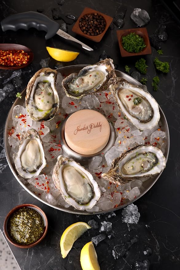 Zyliss Shucker Paddy Oyster Tray Set, 2-in-1 Stainless Steel Oyster Shucking & Serving Tray with Wooden Puck, Holds 24 Oysters, Oven Safe Seafood Platter