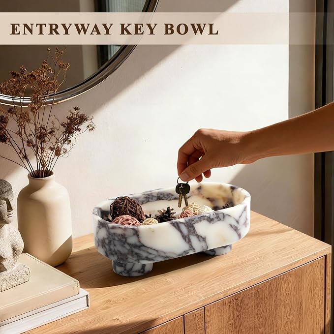 Natural Oval Marble Fruit Bowl, Two-Legged Decorative Bowl Calacatta Viola | 10" Large Handcrafted Marble Catchall Bowl for Home Decor. Fruit Basket Bowl, Entryway Bowl, Pedestal Bowl for Dining Table