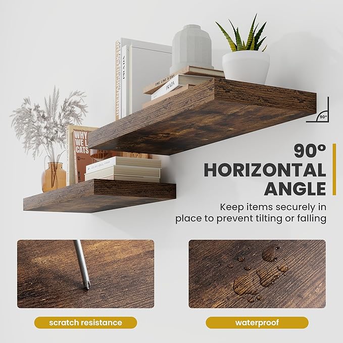 Acovy 36 Inch Floating Shelves, 9.3" Deep Floating Shelf Wall Mounted, 36" Wall Shelves, Rustic Deep Bookshelf, Large Display Shelves & Storage Shelves for Bedroom, Living Room, Brown, Set of 2