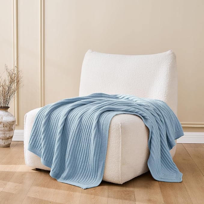Chunky Knit Blue Throw Blanket for Couch Soft Cozy Thick Cable Knitted Throw Blankets for Sofa Bed Cute Decorative Throw Blanket for Living Room,50"x 60",Light Blue