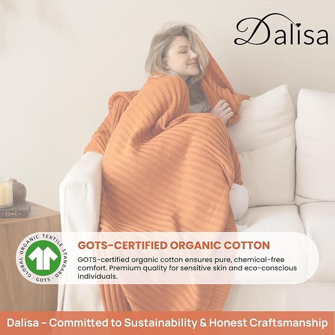 Dalisa 100% Organic Cotton Knit Throw Blanket, Harvest Pumpkin, 60x80 Inches, GOTS-Certified, Crochet Knit, Adult, Eco-Conscious Luxury, Lynx-Inspired Pattern