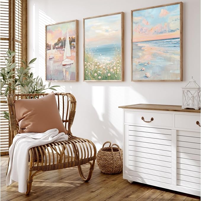Pink Coastal Wall Art Coquette Beach Canvas Poster Summer Beachy Wall Decor Trendy Pastel Ocean Pictures Preppy Aesthetic Painting Wildflower Prints Sailboat Artwork for Bedroom 16x24 Inch Unframed