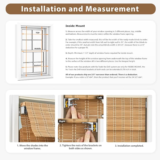 LazBlinds No Tools No Drill Cordless Bamboo Roman Shades, Light Filtering Window Treatment, Roll Up Bamboo Blinds for Windows 30'' W x 48'' H, Whitewash T