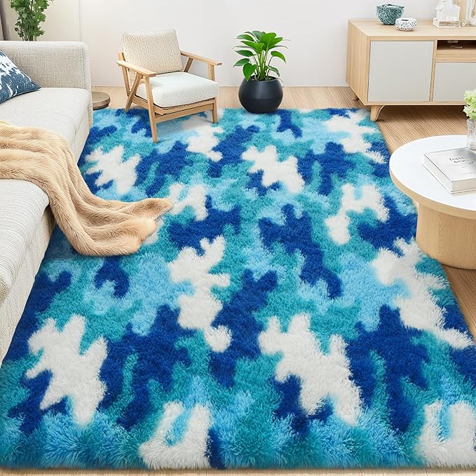 AROGAN Soft Fuzzy Kids Rugs for Girls Room Playroom 3x5 Feet, Fluffy Cute Colorful Princess Carpet for Kids Teens Nursery Toddler, Bedroom, Camouflage Blue and White