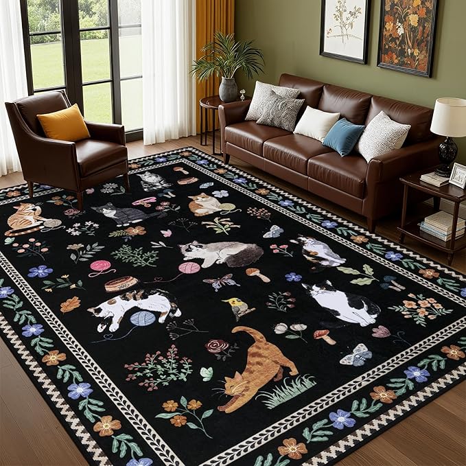 8x10 Area Rugs Living Room Rug: Vintage Washable Rug Floral Soft Carpet Indoor Floor Non-Slip Boho Stain Resistant Large Carpets for Bedroom Kids Nursery Dining Room Farmhouse Home Office Black/C01