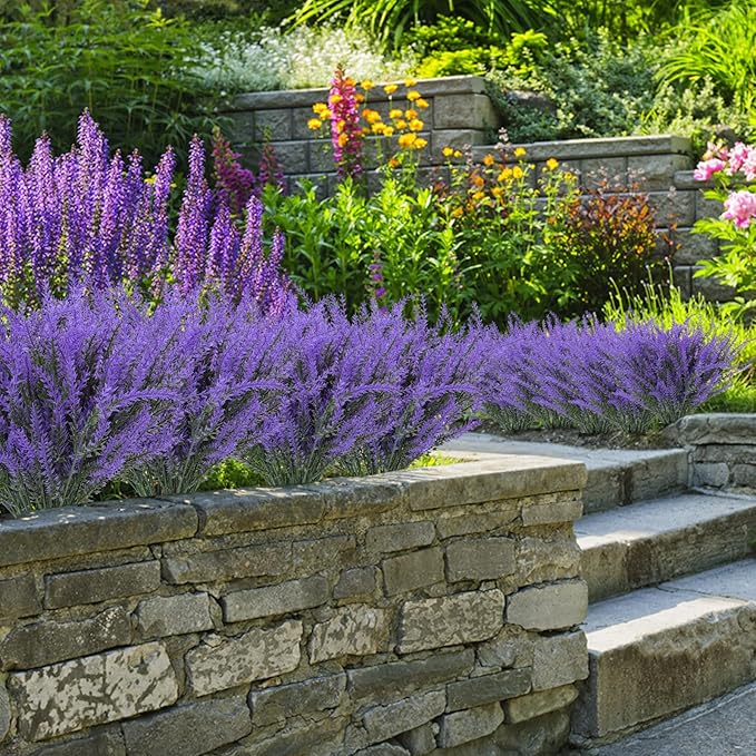 Ouddy Decor 12 Bundles Artificial Lavender Fake Flowers Faux Plastic Plants for Home Wedding Kitchen Garden Patio Window Box Office Table Centerpieces Indoor Outdoor Decor, Purple