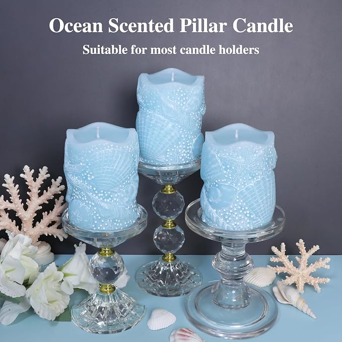 Ocean Scented Pillar Candles Hand-Poured Blue Starfish Conch Seashell Aromatherapy Candles for Home Scented, SPA, Restaurant, 3x4 Inch Set of 3, 150+ Hours Burn Time Dripless Smokeless