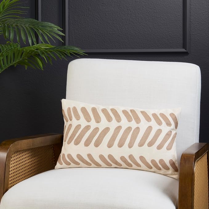 SARO LIFESTYLE Abstract Embroidered Throw Pillow - Modern Textured Throw Pillow with Polyester Filled Support for Contemporary Home Decor, Living Room Accents and Bedroom Styling, 12"x20", Ivory