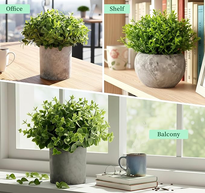 Lemonfilter Small Fake Plants, 5 Pack Mini Potted Artificial Eucalyptus Plant Greenery Plastic Fake Plants Faux Plant for Table Shelve Bathroom Kitchen Rustic Farmhouse Indoor Decor