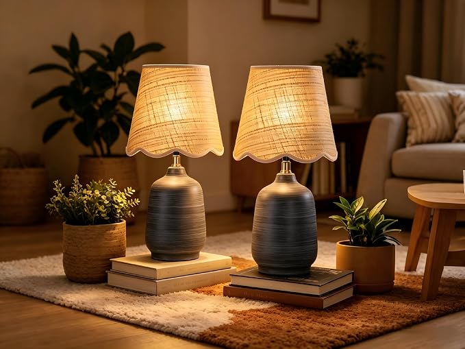Pia Ricco 19" Modern Ceramic Table Lamp for Living Room Cream Base Desk Lamps for Bedroom Farmhouse Bedside Nightstand Lamp End Table Lamps,White Striped Black Base,Rattan Shade