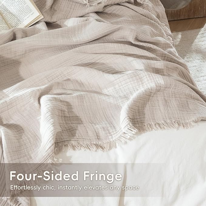 MooMee Muslin Blanket - 100% Cotton 4-Layer Gauze Throw Blanket with All-Around Fringe, Soft Breathable Lightweight Cooling Summer Blankets for Bed Couch (Cream Grey,King 104" x 90")