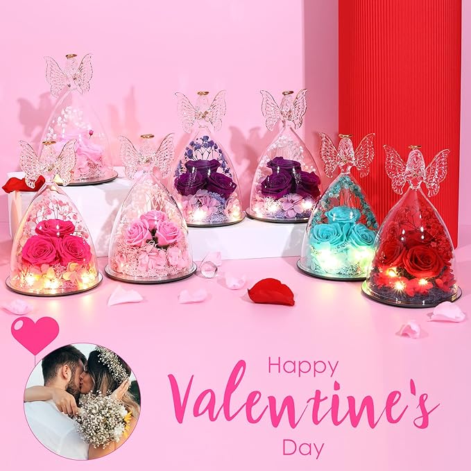 Mothers Day Mom Gifts for Women Preserved Flowers in Glass Angel Forever Flowers Gifts Eternal Roses Gifts for Grandma - Pink