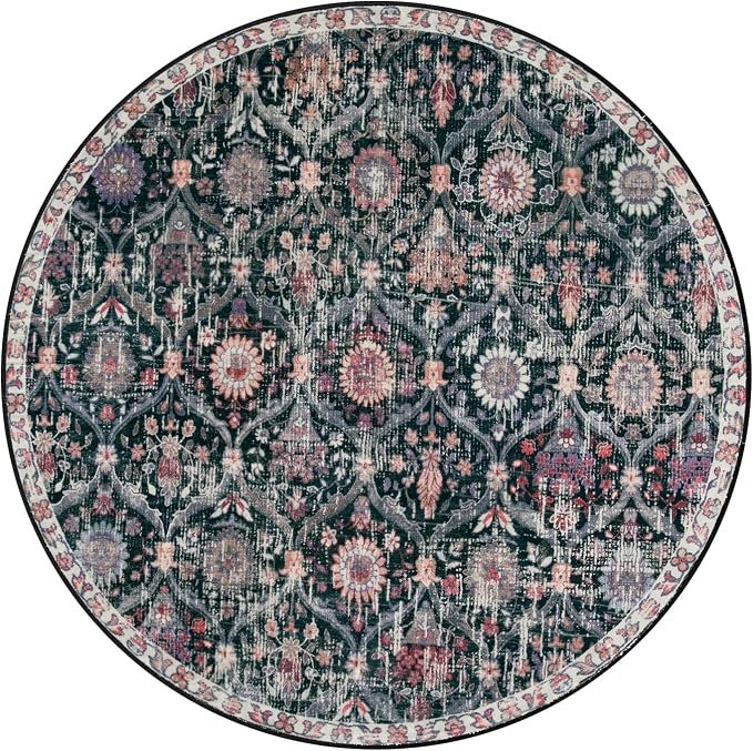 Lahome Moroccan Trellis Washable Round Area Rug, Round Rug 5ft Soft Non-Slip, Non-Shedding Distressed Circle Carpet for Bedroom Living Room Bathroom Nursery Kitchen Elise, Black/Multi