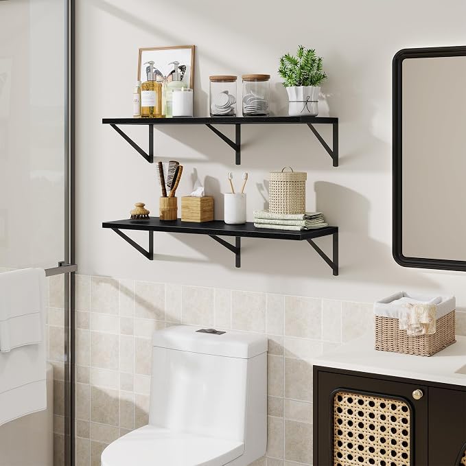 Acovy Floating Shelf for Wall,32" WX10 D Wood Floating Shelves with Sturdy Metal Bracket Set of 2,Wall Mounted Hanging Shelf for Bathroom,Bedroom,Kitchen,Black