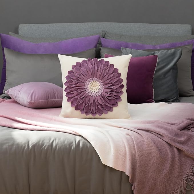 OiseauVoler Decorative Throw Pillow Covers 18x18 Inches 3D Flower Cushion Cases Handmade Square Pillowcases for Couch Bed Living Room Home Decor Purple