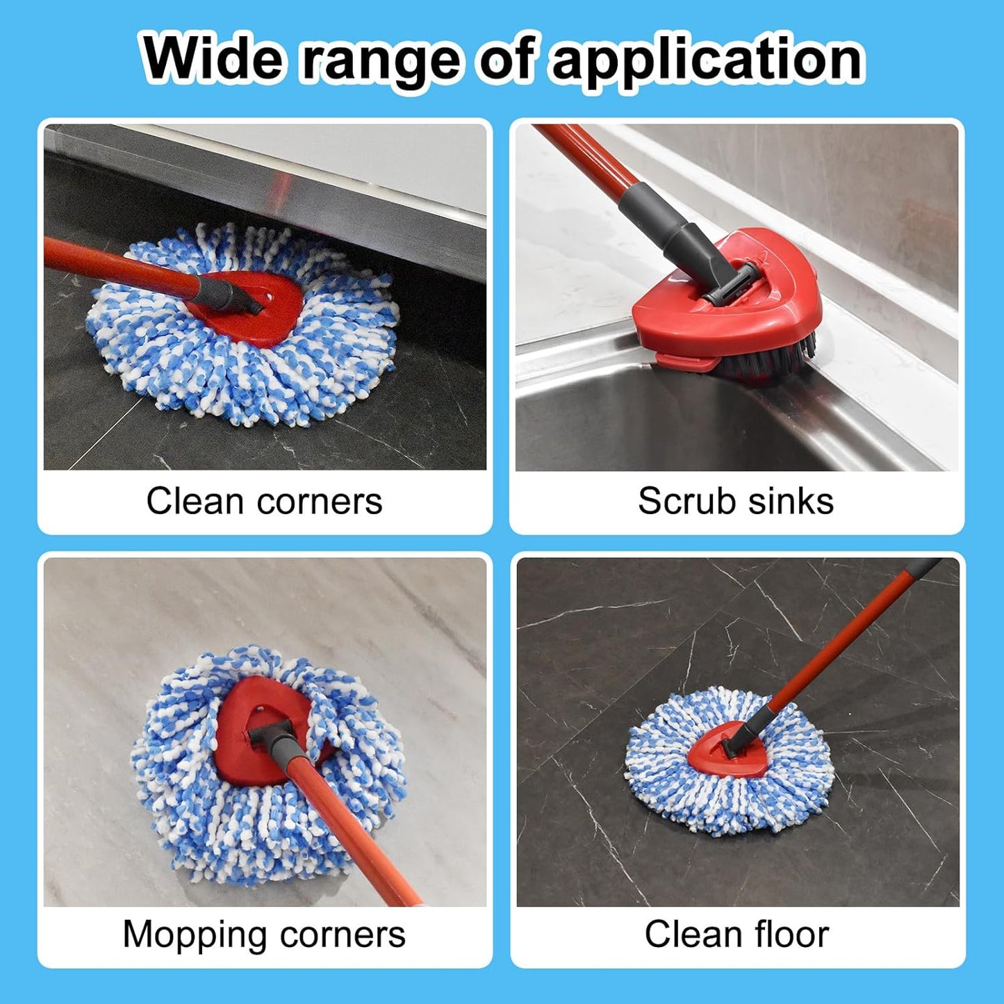 Spin Mop Head,Mop Handle,Base,Brush Compatible with Ocedar RinseClean 2 Tank Spin Mop System,2 Microfiber Spin Mops Replacement Head,4 Section Iron Mop Handle 30-58",Base and Scrub Brush Combo Set