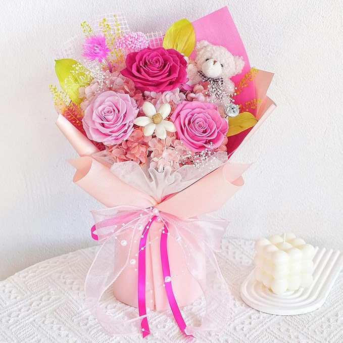 Flowers for Delivery, Preserved Flowers Bouquet, Pink Rose Bear Forever Flower Bouquet with Gift Box, Mothers Day Gifts for Mom, Birthday & Valentines Day Gifts for Women, Wife, Her, Grandma