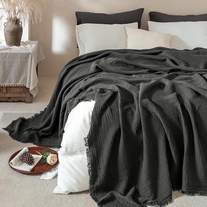 Muslin Fringe Blankets for Adults: 100% Cotton Cloud Soft | 4-Layer Gauze Breathable Lightweight All Season Throw Blanket for Bed Couch Sofa Office