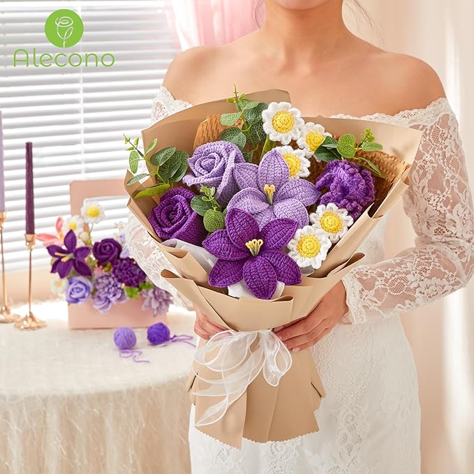 Alecono Crochet Flower Bouquet, Purple Knitted Flowers, Large Knitted Flower for Anniversary Party Christmas Festival Gifts for Her (Include Card)