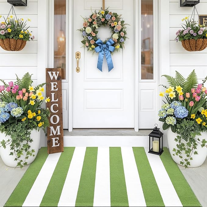 OLANLY Green and White Striped Rug 3' x 5' – Washable Cotton Indoor Outdoor Doormat for Front Door, Entryway, Kitchen, Porch, Patio Decor