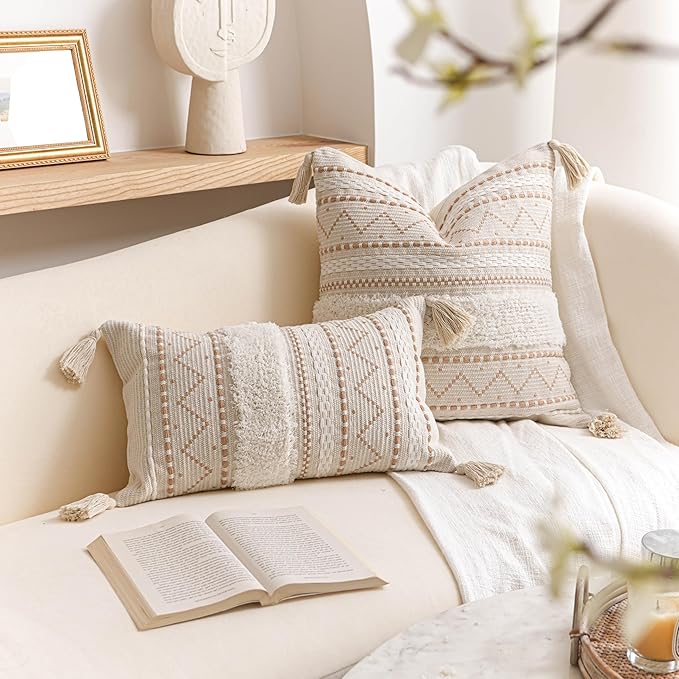 BlissBlush 12x20 Lumbar Pillow Cover, Cream Neutral Beige Rectangular Decorative Cushion Cover, Boho Accent Pillowcase with Tufted Details and Tassels for Couch Sofa Living Room (Cover Only)