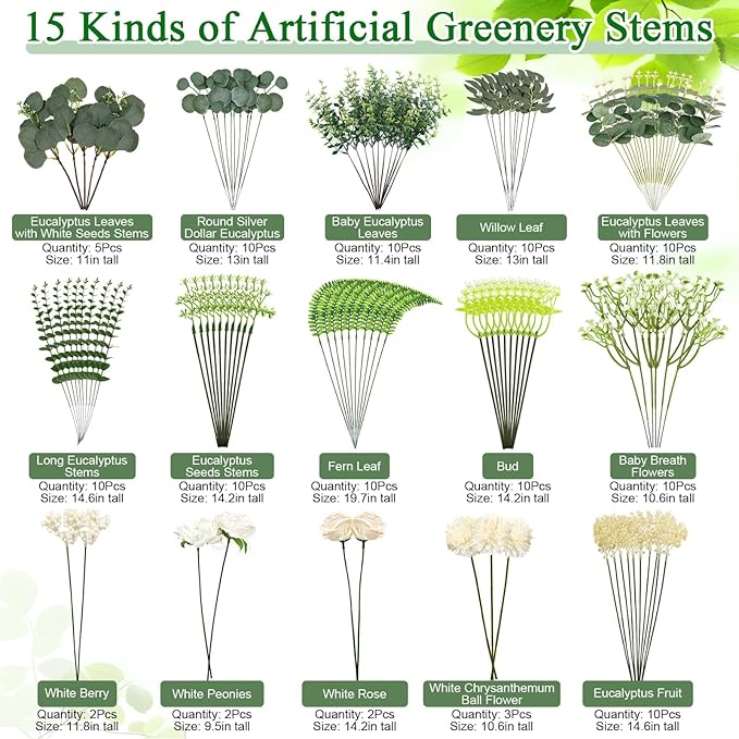 120Pcs 15 Kinds Mixed Artificial Eucalyptus Leaves Stems and Faux Flowers Bulk, Fake Silver Dollar Eucalyptus Bundle Plants Greenery Branches for Wedding Vase Bouquets Floral Arrangement Home Decor