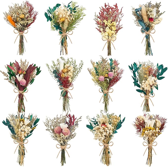 12/24PCS Handmade Dried Flower Bouquet with Stems Natural Dried Wildflowers 7.5 Inch Mini Dry Flowers for Vase Farmhouse Decor, Wedding Styling, Photography Props, Gift DIY(12pcs, Bright)