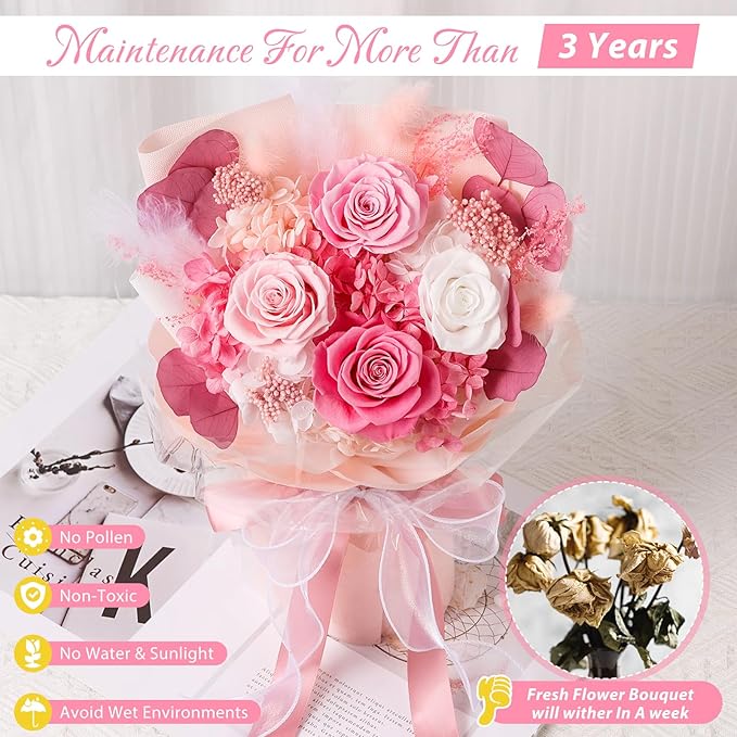 Flowers for Delivery Prime, 4 Pink Rose Preserved Flowers Bouquet Mothers Day Gifts for Mom, Birthday Gifts for Women Her Wife Girlfriend Grandma, Real Forever Flowers for Valentines Day Anniversary