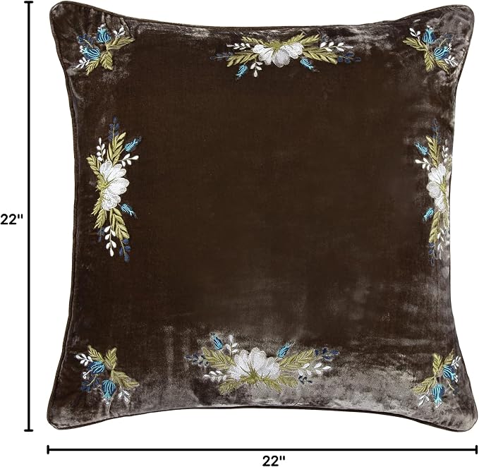 HiEnd Accents Stella Faux Silk Velvet Western Floral Embroidered Pillow, 22x22 inch, Green Ochre, Romantic Western Modern Traditional Style Luxury Bedding, Decorative Throw Pillow